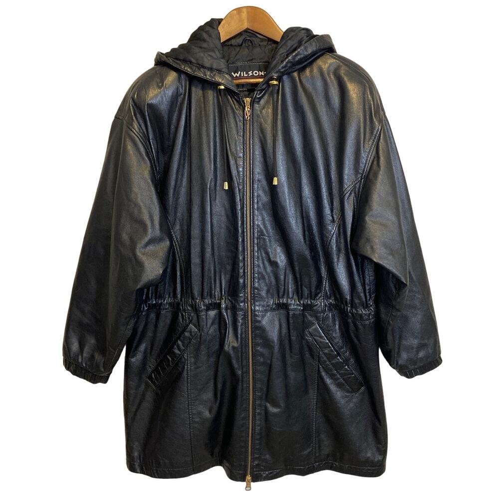 Vintage 90s Wilsons Black Leather Hooded Coat Women Sz M Quilted Lining Full Zip